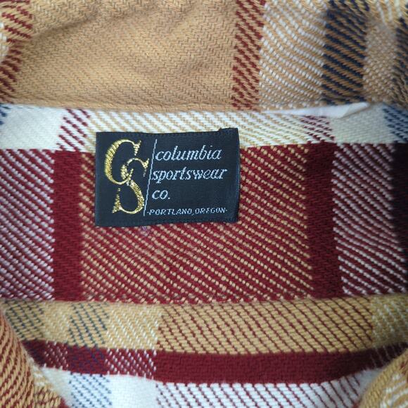Vintage 1970s Columbia Button Down Shirt Plaid Flannel Tan Red Men's Size Large - Picture 7 of 8